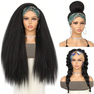 28-inch synthetic Yaki straight wig and black headband African wig turban headband chemical fiber long straight hair headgear