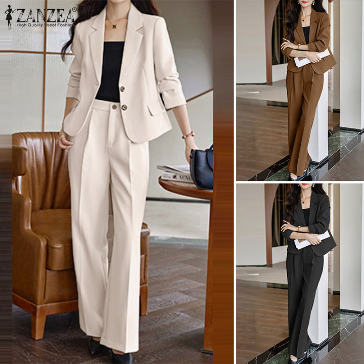 Rulfepy Zanzea Korean Style Womens 2pcs Sets Formal Office Elegant Lapel Blazer Straight Loose 3916