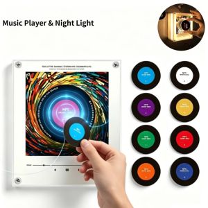 CHUN053634 Với 9 đĩa trống Máy nghe nhạc cảm biến NFC Đèn ngủ Đĩa xoay Máy phát nhạc đĩa xoay cảm ứng NFC Quà tặng Sạc Type-C Tủ lạnh tự động hát bài hát có  Đồ trang trí tủ lạnh