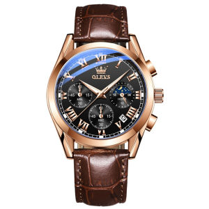 OLEVS 2871 Quartz Men Sport Watch Round-dial Genuine Leather Watchband Wristwatch Moon Phase Chronograph Luminous