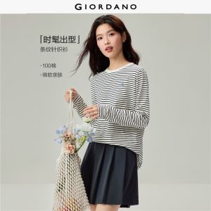 GIORDANO Women T-Shirts 100% Cotton Striped Regular Tee Floral Embroidery Long Sleeve Fashionable Casual T-Shirts 05326862