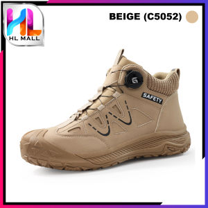HL Mall Safety Shoes Mens Medium-Cut Anti-Smashing Anti-puncture steel toe cap with Rotating Button work shoes - C5052 (BEIGE)