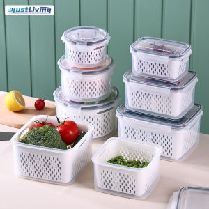 JustLiving Kitchen Sealed Fresh-keeping Box with Drain Basket Thickened Food Grade PP Sealed Food Storage Box Snap Lock Type Vegetable Storage Container Set Kitchen Refrigerator Organizers