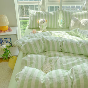 Dansunreve 4in1 rửa sạch bộ đồ giường bằng vải bông Đồng bằng sọc Ra Bọc Nệm thiết lập phong cách Ins Bộ bọc chăn lông vịt duy nhất/Nữ Hoàng/Vua