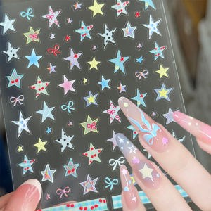 ZEEMIN 1Pcs 5D Grid Pattern Star Bowknot Nail Sticker Cherry Polka Dot Line Colorful Geometric Five-pointed Star Adhesive ManicureDecal