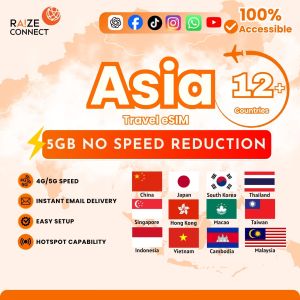 Asia 12 countries eSIM | Macao+Taiwan included | 5-20GB High Speed | 30 Days Data Plan | Raize Connect