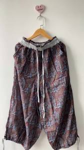 Vintage Floral Print Thin Ramie Pants Women Summer Elastic Waist Ankle-Length Trousers Loose Wide Legs Pants