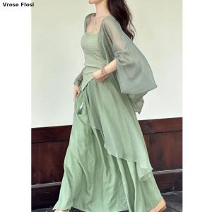 2026 Blue Green Hanfu Suit Summer New Chinese Style Qipao Dresses Mesh Cardigan Strap Vestidos Women Slim Cheongsams Costumes2026