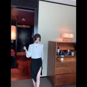 2025 Autumn Korean Style Fashion Hollow Stand Collar Backless Tie Design Satin Long Sleeve Shirt Womens New Simple Solid Color Commuting Elegant Blouse