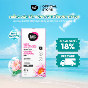 Bộ miếng dán tẩy lông cơ thể Body Natur Wax Strips Hair Removal Body Sensitive Skin 16+2 Wipes (khăn lau)