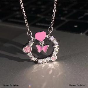 [COD] Home Fashion Light Luxury Shiny Zircon Butterfly Pink Heart Necklace For Women Exquisite Round Pendant Clavicle Chain Girl Party Jewelry Gift