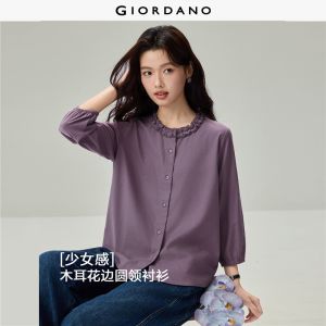 Giordano Women Ruffled round neck 3/4 sleeve shirt Free Shipping 05346865