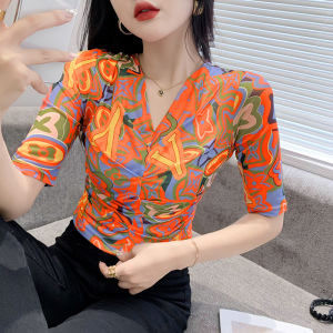 REHIN Womens top Summer new fashion printed V-neck pleated mesh hot drill mid-sleeve T-shirt floral short sleeve blouse