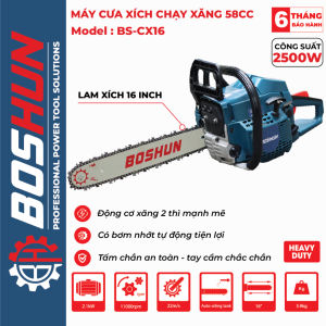 Máy Cưa Xích Chạy Xăng BOSHUN BS-CX16 Lam xích dài 16INCH Bơm nhớt tự động - Động cơ xăng 2 thì 58CC mạnh mẽ