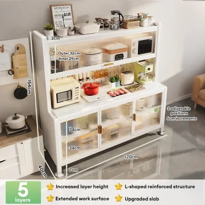 YOYO Kitchen Cabinet Floor Standing Storage Organizer Multi Tier Dustproof Dish Microwave Storage Cabinet with Pegboard Utensil Holder