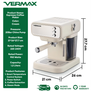 Vermax Smart Espresso Coffee Machine 20Bar Hot / Cold Brew 1350W With Milk frother system & Brew head Self-Cleaning