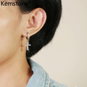 Kemstone Mens Hip Hop Stainless Steel Ankh Cross Dangle Earrings in Black Silver and Gold