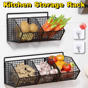 Kitchen Wall Mounted Organizer Rack Stainless Punch-free Condiments Spice Storage Holder 3 Compartments Onion Ginger Garlic Mesh Waterproof Rust Proof