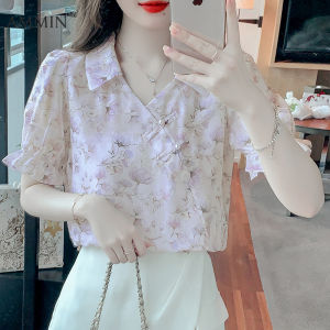 Ammin của mùa hè mới đơn giản v cổ thời trang retro mới trung quốc nút bọc xuống thiết kế ngắn tay áo áo voan phụ nữ của phiên bản hàn quốc ngọt ngào tay áo phồng in hoa thoải mái áo blouse thanh lịch
