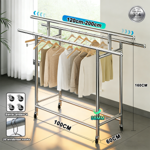 Clothes Drying Rack 304 Stainless steel 3 pole foldable Extendable Mobility Ampaian baju rak