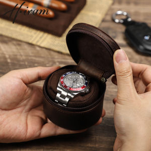 Hiram Genuine Leather Watch Zipper Single Watch Case Storage Cushioned Container for Wristwatch Organizer Box for Men Gift
