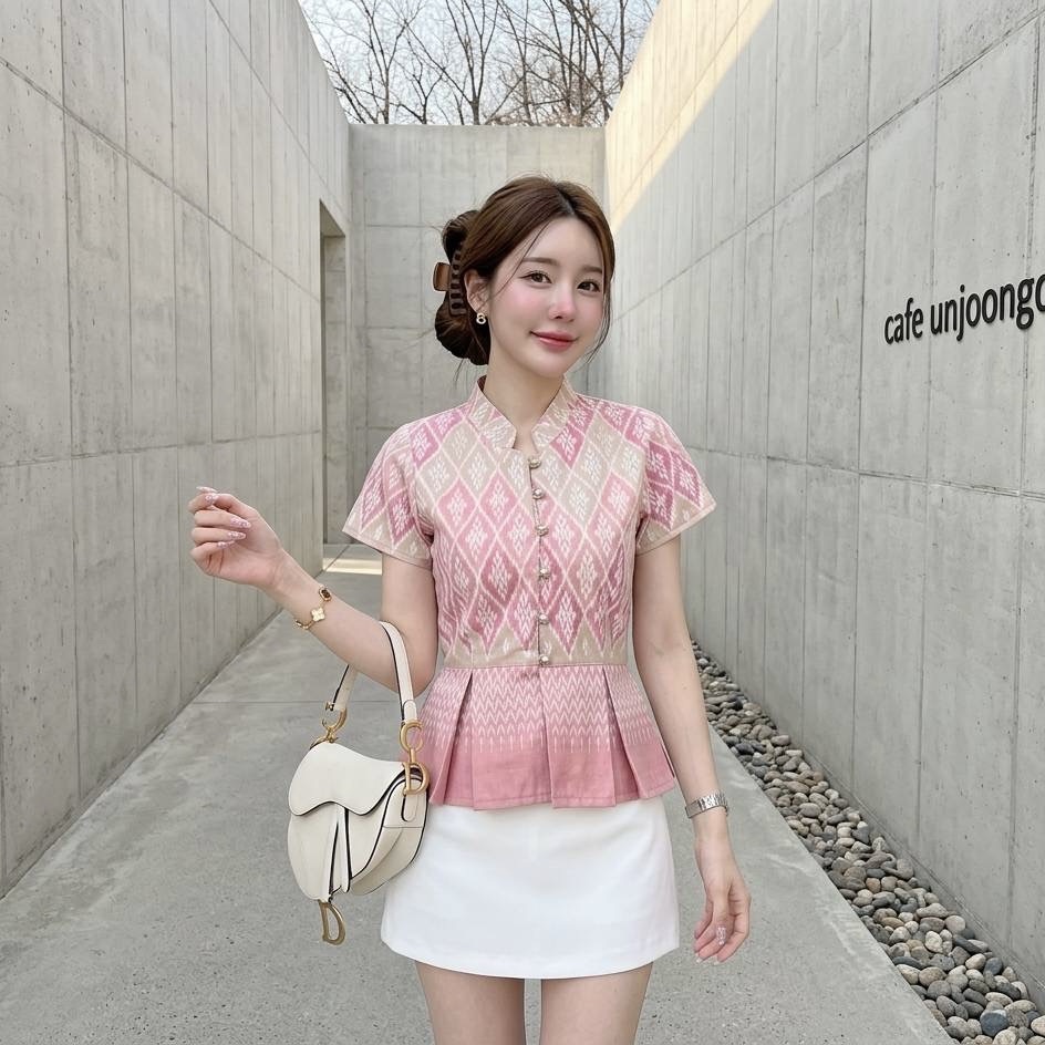 LANNA เสื้อคอจีนระบายเอวเข้ารูป ผ้าฝ้ายพิมพ์ลายสวย ใส่ทำงานสุภาพ ไซส์S-XXL มุมมองที่ 3