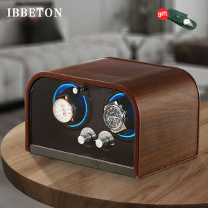 IBBETON Automatic Watch Winder Retro Wooden Texture Blue LED Light WanBaoZhi Mute Motor Automatic Watch Shaker Automatic Watch Box