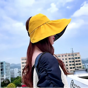 หมวกม่านบังแดดพับได้สำหรับผู้หญิงหมวกชายหาดหางม้าปีกกว้าง Baju Atasan Terbuka UPF50หมวกหน้าร้อน + ป้องกันแสงแดด