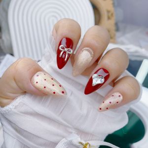 KL006 Nailbox thiết kế móng tay giả đỏ rượu đính charm đá trái tim lấp lánh sang chảnh phong cách Hàn Quốc dễ dán tháo nhanh