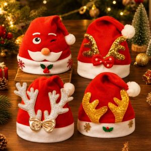 Lucky Star.my Christmas Hat Santa Antler Red Non Woven Plush Trim Costume Cap For Kids Adults Party Gift