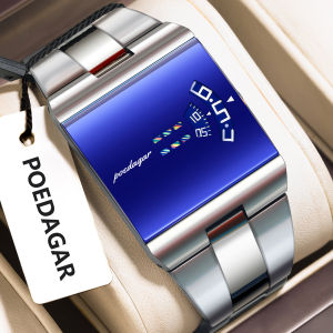 POEDAGAR new trendy watch for mens waterproof unique stainless steel square digital watch
