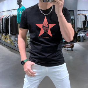 跨境代发2025夏款潮牌五角星印花高档丝光棉男士短袖T恤衫半袖t恤