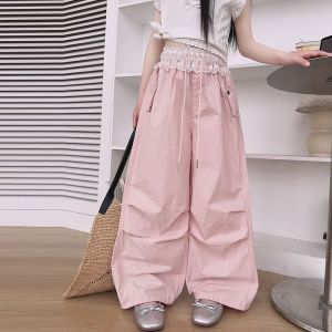 Cargo Pants for 7-16yrs Girls New Fashion Baggy Pants Lace Waistband Design Candy Color Sweet Girls Bottoms