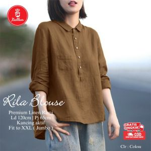 Blouse Wanita Kerah Kemeja Kancing Depan Busui Friendly Atasan Casual Linen Rami Rila Blouse -XELLEA