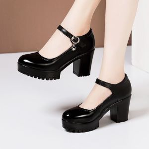 [Free Shipping] Comfortable Mid-Heel WomenS Leather Shoes With A Platform Sole Suitable For Wearing With A Cheongsam Featuring A Chunky Heel And Buckle Detail Perfect For Spring And Autumn