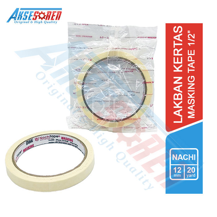 Lakban Kertas Untuk Cat Tembok Nachi 1/2 Inchi [12 mm/20 Yard/1 Roll] / Masking Tape Cat / Solatip Kertas / Isolasi Kertas / Selotip Kertas / Dabel Tip Kertas / Solasi Kertas / Solatif Kertas / Solasiban Kertas / Lakban Pembatas Cat
