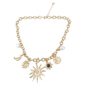 Statement Sun and Moon Charm Necklace Gold Tone Chain Adjustable Length Neckchain Stainless Steel Fashion