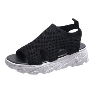 [Free Shipping] Summer New Style Sporty Sandals For Women Fashionable Peep-Toe Design Thick Platform Sole Casual Knit Sandals With Cut-Out Details