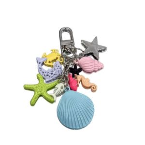HENLI Alloy Ocean Style Keychain Candy Color Cute Beaded Starfish Turtle Keyring Crab Fish Shell Tassel Pendant Backpack Decor