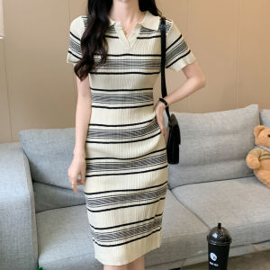 Missliu Fashion Womens Skirt Polo Collar Striped Knit Dress Summer 2025 New High-end Slim Short Sleeve Mid-Length Knit Skirt