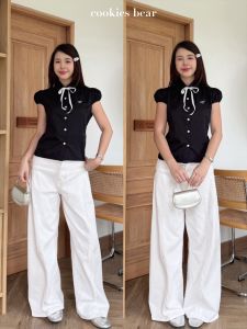 เชิ้ตแขนสั้นคอปกทรงปกโค้ง งานแขนพองสม็อคยืด ผ้าคอตตอน งานปัก เชือกผูกโบว์แยกชิ้น Cookie Bear