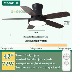 GOGEOUS Lampu kipas angin gantung plafon ruang tamu modern dan ederhana kipas lampu gantung 2in1 3 warna 6 kecepatan 42/48 inci meja makan kamar tidur balkon led  dan lampu kipas angin remote