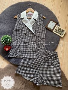 ML064 เซ็ท 2ชิ้น เสื้อคอปกหยัก แขนกุด มีกระดุมหน้า มาพร้อมกางเกงเอวสูง งานดีไซน์เก๋