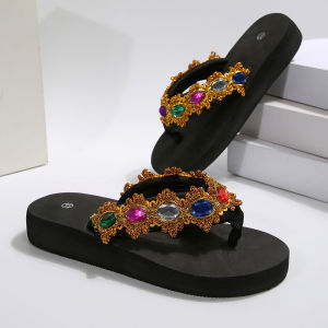 [Free Shipping] 2025 New Fashion Full-Rhinestone Bohemian Flip-Flops Beach Sandals Thick-Soled Rhinestone Ethnic Sandals