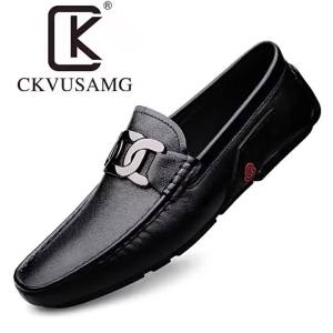 CKVUSAMG Fashion brand authentic A1 First Layer Cowhide Mens Peas Shoes Soft Surface Soft Bottom Bright Decorative Button Casual Mens Leather Shoes ☺1130