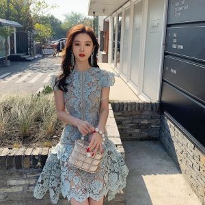 Camile 2025 Summer Ladies Vietnam Niche High Quality Vintage Fashion Blue Lace Dress Hollow Splicing Irregular Elegant Wedding Party Holiday Dresses