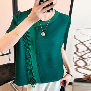 2025 Summer Fashion New Miyake Womens Folded Design Tassel Shirt Loose and Skinny Cover Top for Women