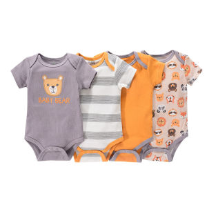 PAYI BABY-4 PIECES Baby Boys Orange Baby Grey Bear Onesies Infant Short Sleeve Jumpsuit Romper Bodysuits