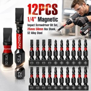 FLYING 12PCS 1/4" ic Impact Screwdriver Bit Set 25mm 50mm S2 Alloy Steel Phillips  Slotted Driver Bit Set High-quality High Strength Hex Shank Screwdriver Bits Set Multipurpose
