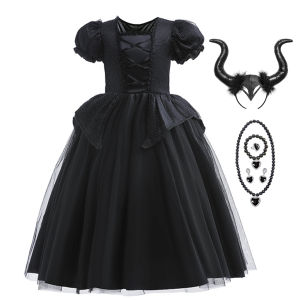 Girl Maleficent Cosplay Dress With Wings Kids Halloween Carnival Evil Witch Dress Up Costume 2-10 Yrs Sequin Ruffles Outfits